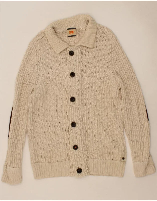 HUGO BOSS Mens Cardigan Sweater Large Beige Cotton Sequined Glittery Shiny
