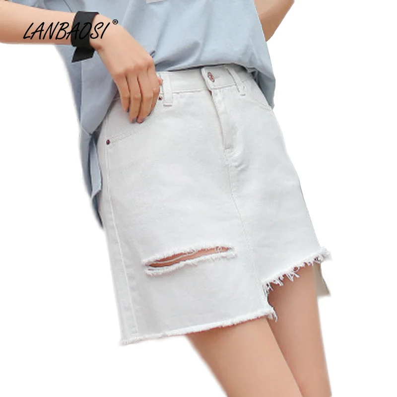 LANBAOSI White Ripped Jeans Miniskirts for Women High Waist Frayed Hem Denim Mini Skirts Cowgirl Female Jean Skirt Stylish Cargo Style Jeans LANBAOSI White Ripped Jeans Miniskirts for Women High Waist Frayed Hem Denim Mini Skirts Cowgirl Female Jean Skirt Stylish Cargo Style Jeans