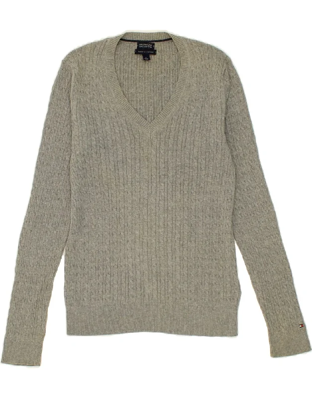 TOMMY HILFIGER Womens V-Neck Jumper Sweater UK 14 Medium Grey Cotton Satin Blend Silk Blend Wool Blend TOMMY HILFIGER Womens V-Neck Jumper Sweater UK 14 Medium Grey Cotton Satin Blend Silk Blend Wool Blend