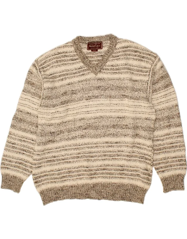 MARLBORO CLASSICS Mens V-Neck Jumper Sweater Medium Beige Striped Cotton Spandex Blend Rayon Blend Denim Blend