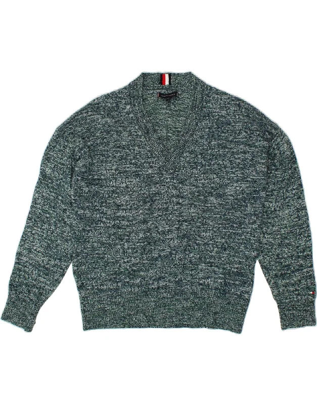 TOMMY HILFIGER Mens V-Neck Jumper Sweater Medium Green Flecked Cotton Collared Crew Neck Turtle Neck TOMMY HILFIGER Mens V-Neck Jumper Sweater Medium Green Flecked Cotton Collared Crew Neck Turtle Neck