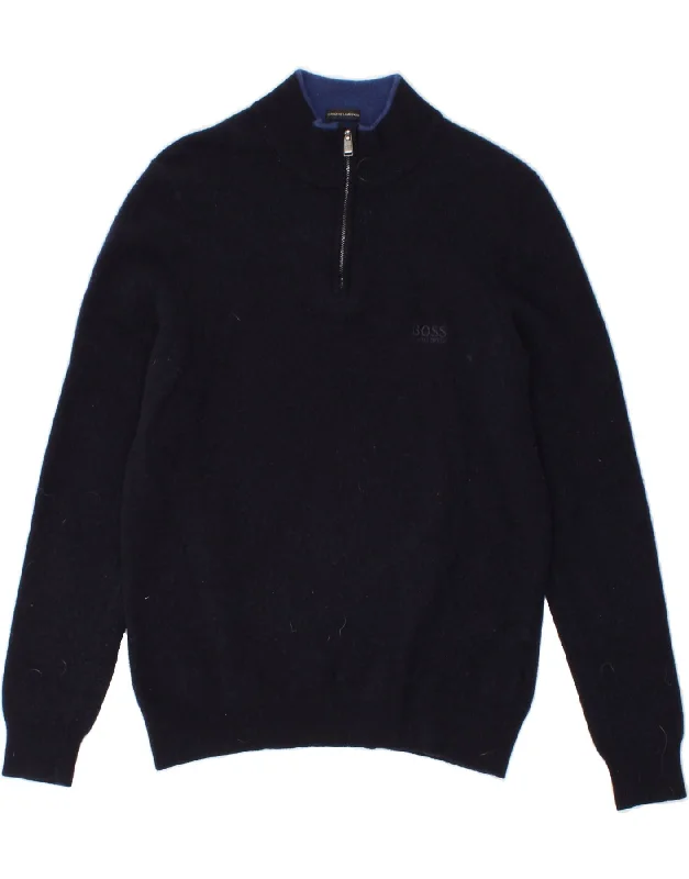 HUGO BOSS Womens Zip Neck Jumper Sweater UK 12 Medium Navy Blue Wool Hooded Caped Shawl Collar HUGO BOSS Womens Zip Neck Jumper Sweater UK 12 Medium Navy Blue Wool Hooded Caped Shawl Collar