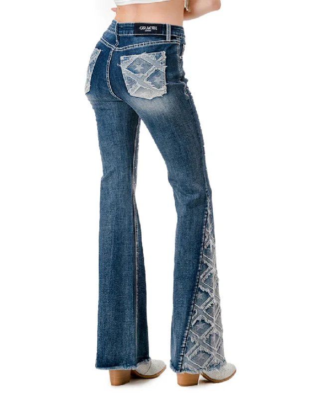 Women's Frayed Detailing High Rise Flare Jeans Cozy Relaxed Fit Denim Jeans