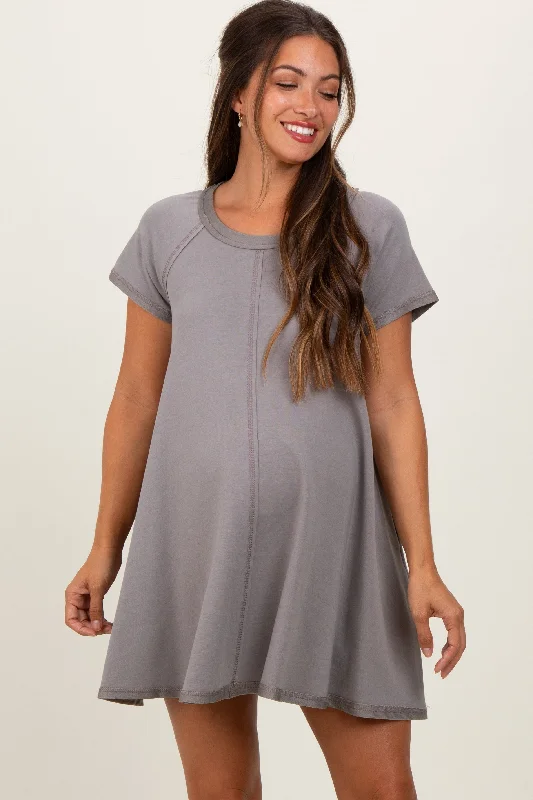 Mocha French Terry Basic Short Sleeve Maternity Mini Dress Comfortable Casual Mini Dress