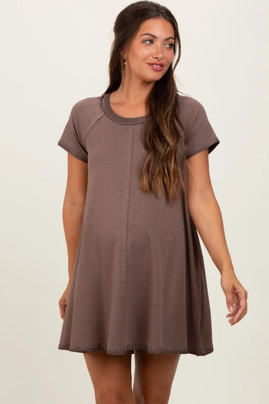 Brown French Terry Basic Short Sleeve Maternity Mini Dress Stylish Ruffle Mini Dress
