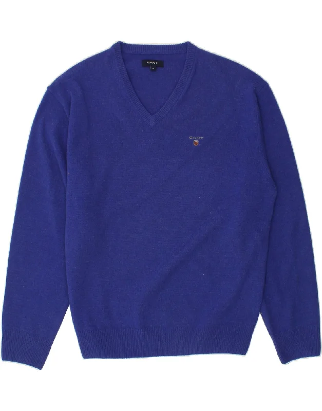 GANT Mens V-Neck Jumper Sweater XL Navy Blue Wool Elegant Classic Vintage