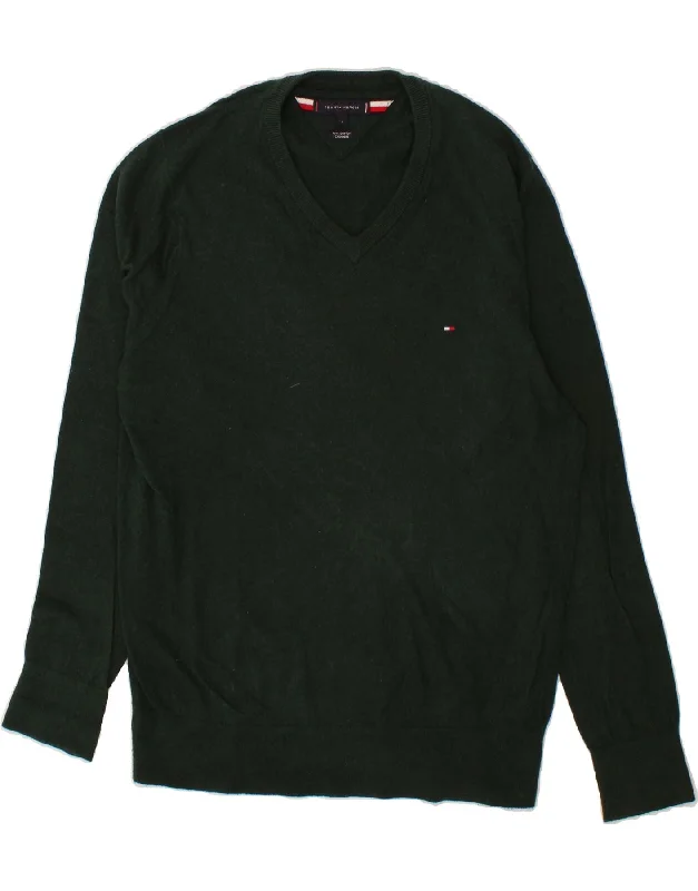 TOMMY HILFIGER Mens V-Neck Jumper Sweater Large Green Cotton Handmade Hand-knitted Hand-woven TOMMY HILFIGER Mens V-Neck Jumper Sweater Large Green Cotton Handmade Hand-knitted Hand-woven