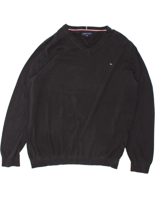 TOMMY HILFIGER Mens V-Neck Jumper Sweater 2XL Black Cotton Sequined Glittery Shiny