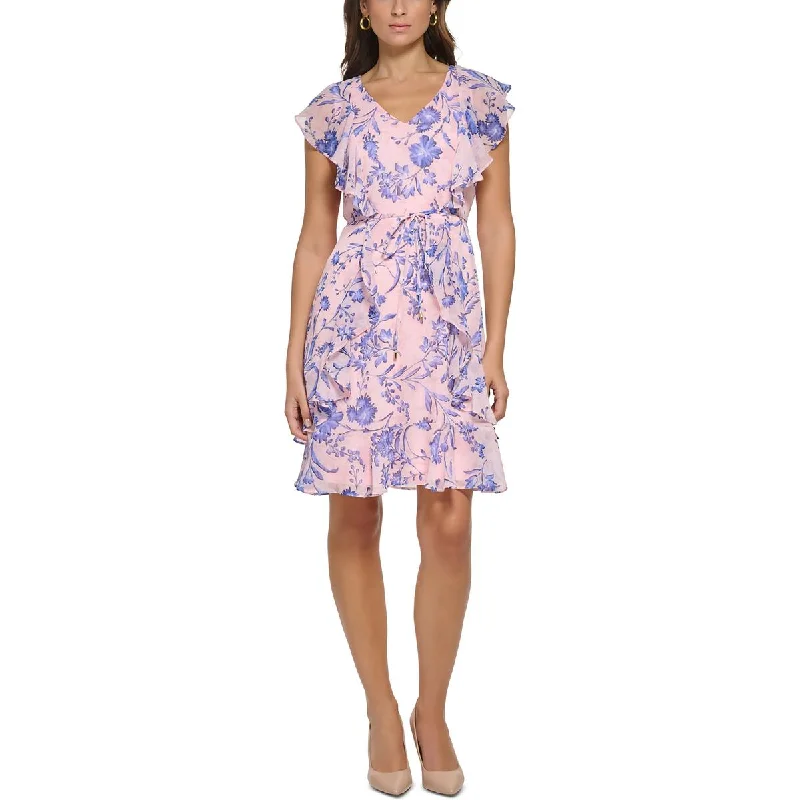 Petites Womens Ruffled Short Mini Dress Stylish Plaid Mini Dress