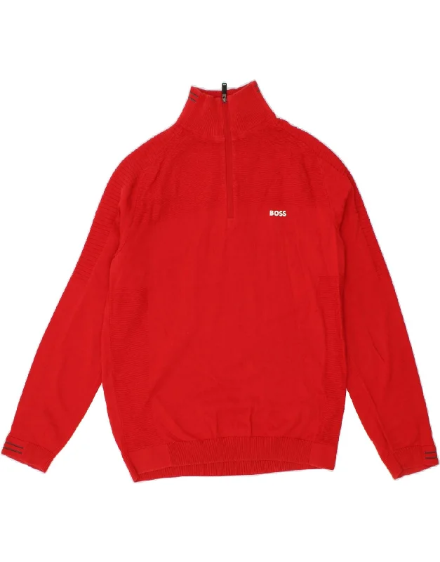 HUGO BOSS Mens Zip Neck Jumper Sweater Large Red Cotton Lace Blend Ribbed Blend Corduroy Blend HUGO BOSS Mens Zip Neck Jumper Sweater Large Red Cotton Lace Blend Ribbed Blend Corduroy Blend