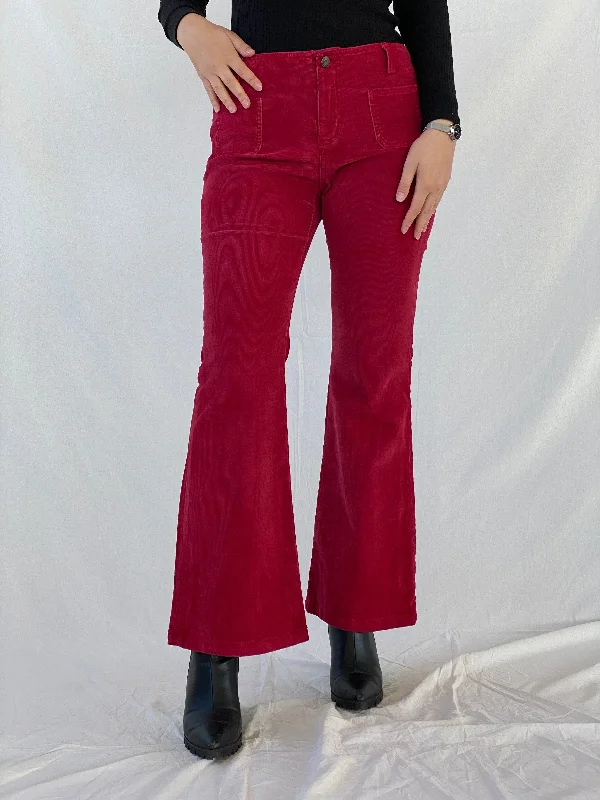 Vintage 90s Guess Jeans Stretch Maroon Flare Mid Rise Corduroy Pants - 38EUR Casual Distressed Skinny Jeans