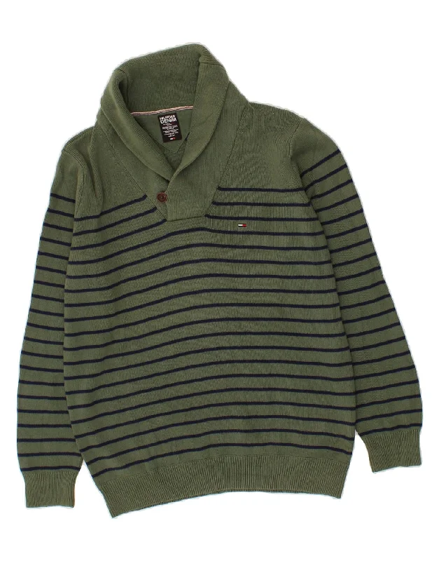 TOMMY HILFIGER Mens Shawl Neck Jumper Sweater Large Green Striped Cotton Anti-Pilling Anti-Shrink Durable TOMMY HILFIGER Mens Shawl Neck Jumper Sweater Large Green Striped Cotton Anti-Pilling Anti-Shrink Durable