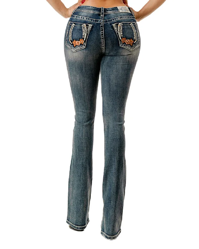 Women's Floral Embroidered Horseshoe Boot Cut Jeans Trendy Wide-Leg High-Waist Denim