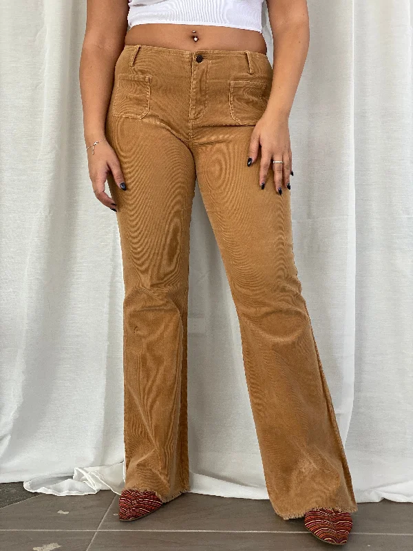 Vintage 90s Guess Jeans Stretch Brown Corduroy Mid Rise Flare Pants - L Comfortable Jogger Style Jeans