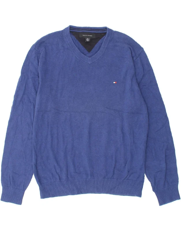 TOMMY HILFIGER Mens V-Neck Jumper Sweater Large Blue Cashmere Blend Cotton Blend Poly Blend TOMMY HILFIGER Mens V-Neck Jumper Sweater Large Blue Cashmere Blend Cotton Blend Poly Blend