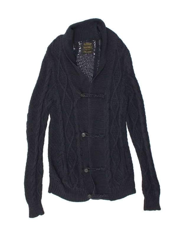 ALL SAINTS Mens Cardigan Sweater Large Navy Blue Linen Silk Blend Satin Velvet