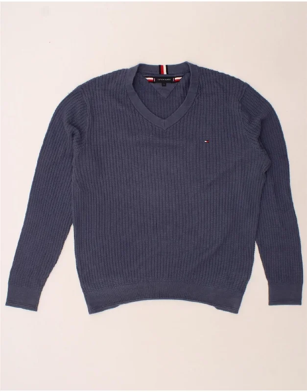 TOMMY HILFIGER Mens V-Neck Jumper Sweater XL Navy Blue Cotton Denim Fabric Leather Fabric Suede Fabric TOMMY HILFIGER Mens V-Neck Jumper Sweater XL Navy Blue Cotton Denim Fabric Leather Fabric Suede Fabric
