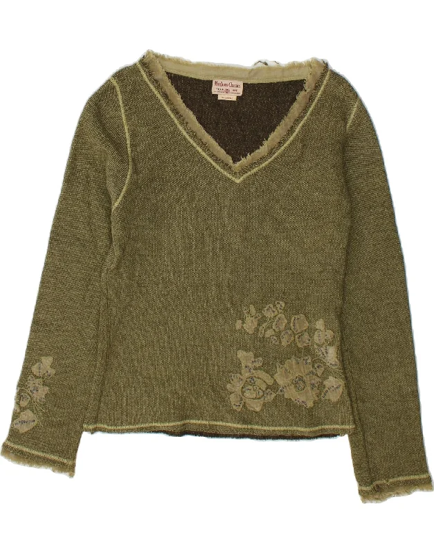 MARLBORO CLASSICS Womens V-Neck Jumper Sweater UK 20 2XL Green Floral Glossy Satin Silk MARLBORO CLASSICS Womens V-Neck Jumper Sweater UK 20 2XL Green Floral Glossy Satin Silk