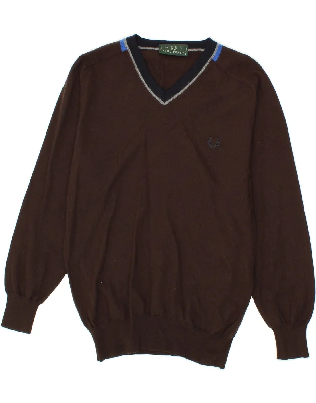 FRED PERRY Womens V-Neck Jumper Sweater UK 14 Large Brown Wool Bright Pastel Dark