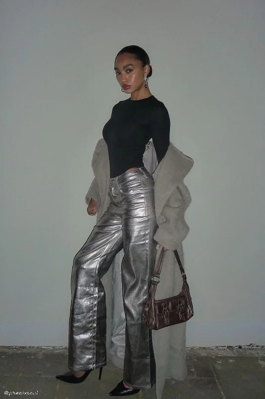 Minnie Metallic Straight Jean - Silver Fashionable Slim Fit Jeans