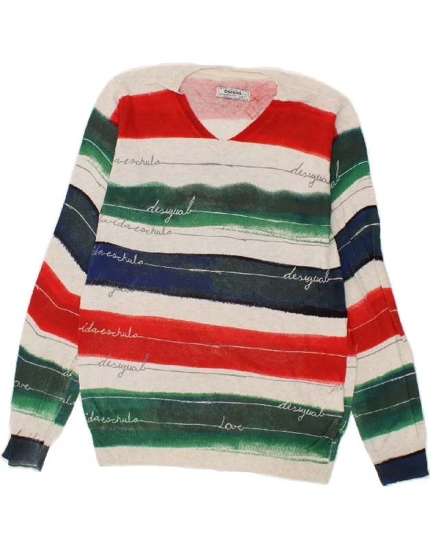 DESIGUAL Mens V-Neck Jumper Sweater Medium Multicoloured Striped Cotton Ribbed Striped Patterned DESIGUAL Mens V-Neck Jumper Sweater Medium Multicoloured Striped Cotton Ribbed Striped Patterned