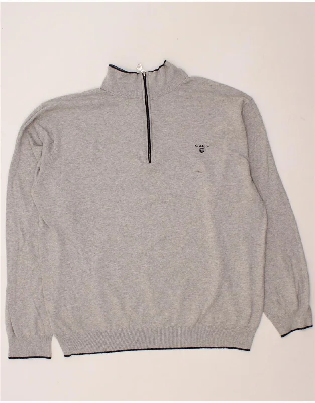 GANT Mens Zip Neck Jumper Sweater 2XL Grey Cotton Beaded Sweater Sequined Faux Fur