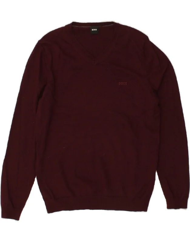 HUGO BOSS Mens V-Neck Jumper Sweater Large Burgundy Chenille Brocade Lace