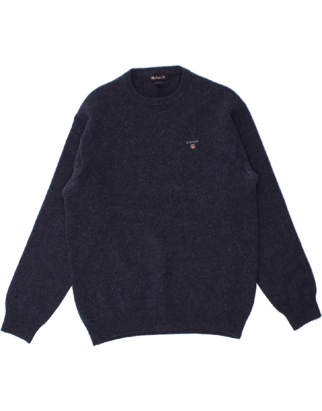 GANT Mens Crew Neck Jumper Sweater Medium Navy Blue Lambswool Hooded Sweater Collared Sweater Shawl Collar
