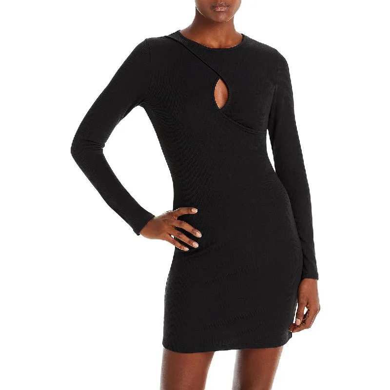 Womens Ribbed Knit Keyhole Mini Dress Fashionable A-Line Mini Dress
