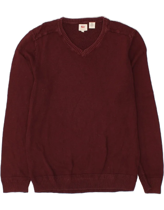 LEVI'S Mens V-Neck Jumper Sweater Medium Burgundy Thin Thick Dense