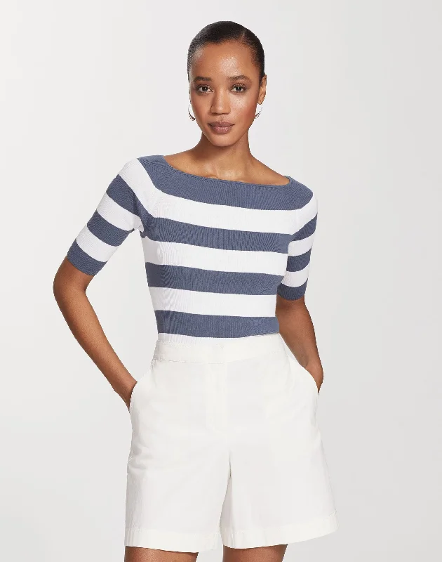 Cotton Crepe Yarn Striped Wide Bateau Neck Sweater Fitted Loose Oversized