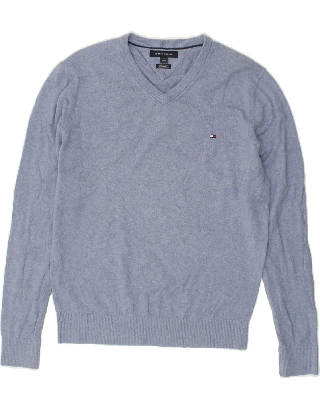 TOMMY HILFIGER Mens V-Neck Jumper Sweater Large Blue Cotton Casual Formal Business