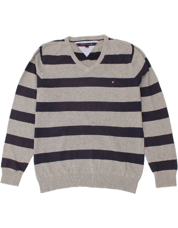 TOMMY HILFIGER Mens V-Neck Jumper Sweater Large Grey Striped Cotton Spandex Rayon Corduroy TOMMY HILFIGER Mens V-Neck Jumper Sweater Large Grey Striped Cotton Spandex Rayon Corduroy