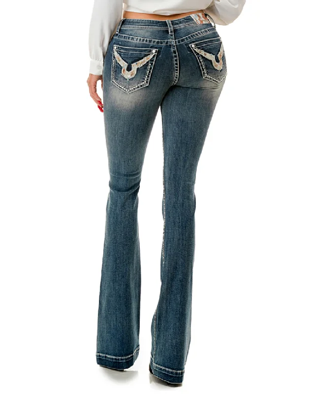Women's Embroidered Pocket Boot Cut Jeans Comfortable Jogger Style Jeans