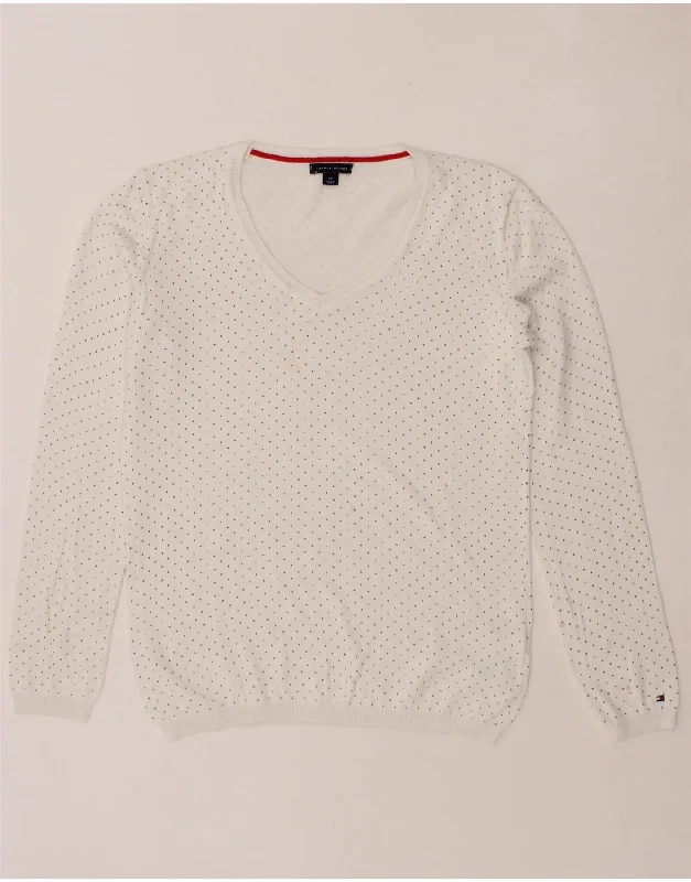 TOMMY HILFIGER Womens V-Neck Jumper Sweater UK 10 Small White Polka Dot Open Front Closed Front Wrap Front TOMMY HILFIGER Womens V-Neck Jumper Sweater UK 10 Small White Polka Dot Open Front Closed Front Wrap Front