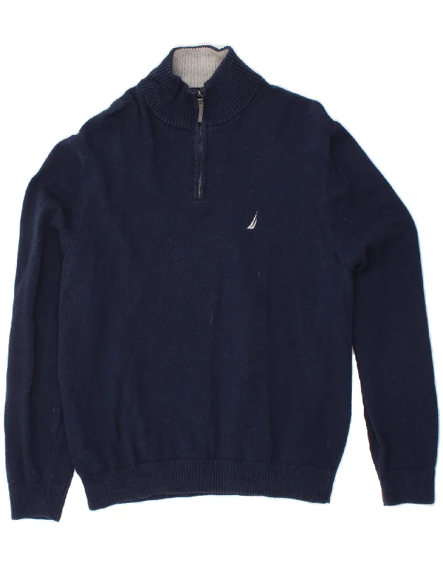 NAUTICA Mens Zip Neck Jumper Sweater Large Navy Blue Transparent Opaque Sheer