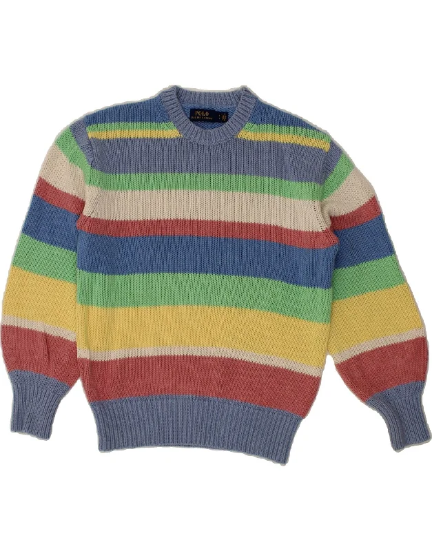 POLO RALPH LAUREN Womens Crew Neck Jumper Sweater UK 10 Small Blue Striped Silk Blend Satin Velvet POLO RALPH LAUREN Womens Crew Neck Jumper Sweater UK 10 Small Blue Striped Silk Blend Satin Velvet