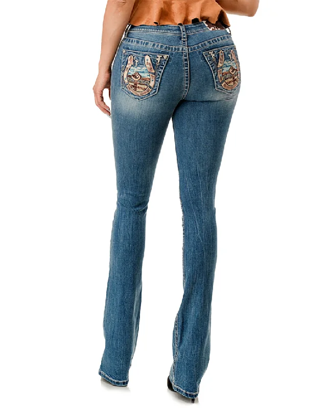 Women's Horseshoe Cowboy Scene Boot Cut Jeans Fashionable Slim Fit Jeans