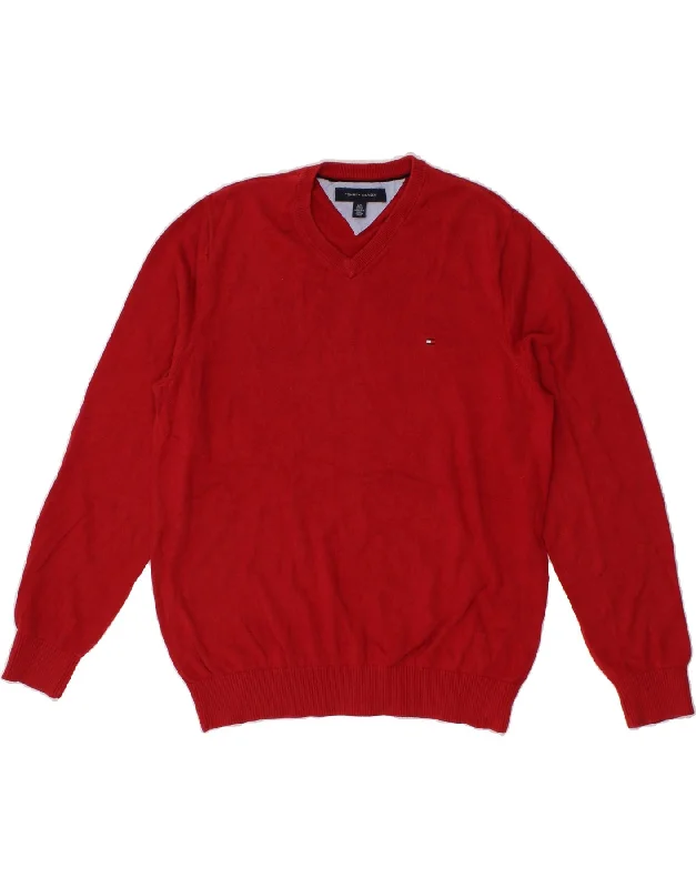 TOMMY HILFIGER Mens V-Neck Jumper Sweater Large Red Cotton Hooded Sweater Collared Sweater Shawl Collar TOMMY HILFIGER Mens V-Neck Jumper Sweater Large Red Cotton Hooded Sweater Collared Sweater Shawl Collar