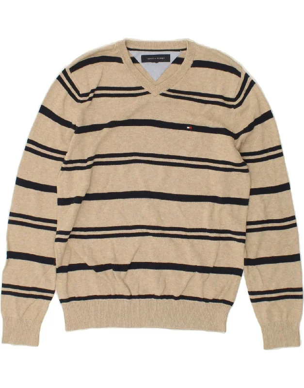 TOMMY HILFIGER Mens V-Neck Jumper Sweater Medium Beige Striped Cotton Herringbone Houndstooth Plaid TOMMY HILFIGER Mens V-Neck Jumper Sweater Medium Beige Striped Cotton Herringbone Houndstooth Plaid