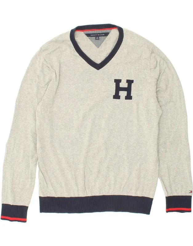 TOMMY HILFIGER Mens V-Neck Jumper Sweater Large Grey Terry Blend Velvet Blend Canvas Blend TOMMY HILFIGER Mens V-Neck Jumper Sweater Large Grey Terry Blend Velvet Blend Canvas Blend