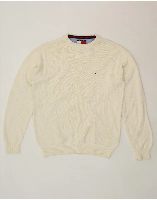 TOMMY HILFIGER Mens Crew Neck Jumper Sweater Small Off White Cotton Fitted Loose Oversized TOMMY HILFIGER Mens Crew Neck Jumper Sweater Small Off White Cotton Fitted Loose Oversized