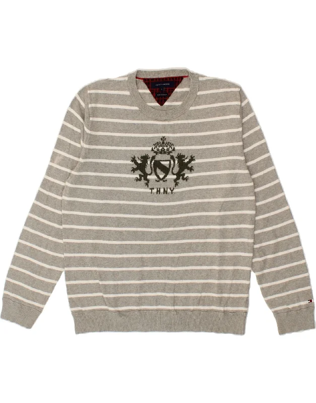 TOMMY HILFIGER Mens Graphic Crew Neck Jumper Sweater Large Grey Striped Bright Pastel Dark TOMMY HILFIGER Mens Graphic Crew Neck Jumper Sweater Large Grey Striped Bright Pastel Dark