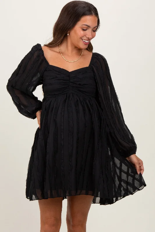Black Ruffle Textured Maternity Mini Dress Comfortable Boho Mini Dress