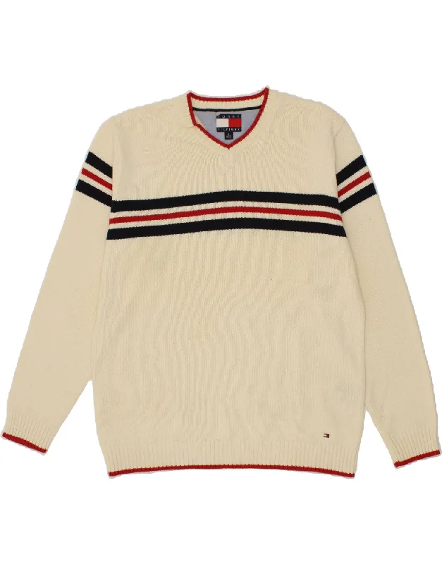 TOMMY HILFIGER Mens V-Neck Jumper Sweater Medium Off White Cotton Solid Print Embellished TOMMY HILFIGER Mens V-Neck Jumper Sweater Medium Off White Cotton Solid Print Embellished