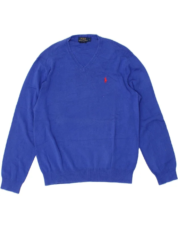 POLO RALPH LAUREN Womens V-Neck Jumper Sweater UK 16 Large Blue Cotton Silk Blend Satin Velvet POLO RALPH LAUREN Womens V-Neck Jumper Sweater UK 16 Large Blue Cotton Silk Blend Satin Velvet