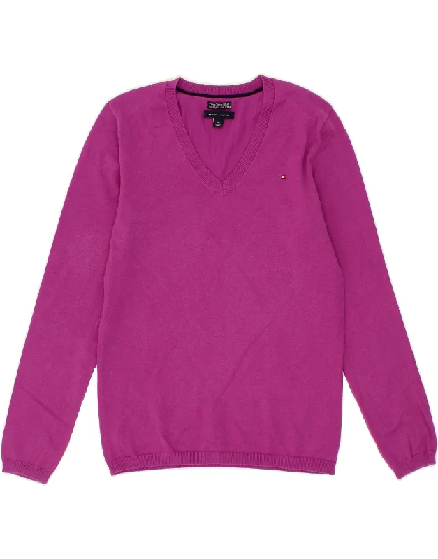 TOMMY HILFIGER Womens V-Neck Jumper Sweater UK 10 Small Pink Cotton Chenille Blend Fleece Blend Nylon Blend