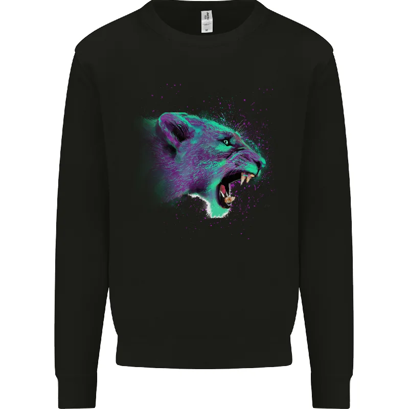 A Lion Watercolour Mens Sweatshirt Jumper Hoodie with Stripes Bold Sporty