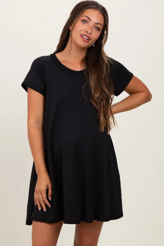 Black French Terry Basic Short Sleeve Maternity Mini Dress Chic Pleated Mini Dress