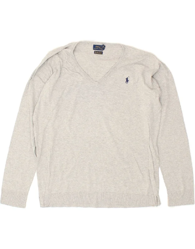 POLO RALPH LAUREN Womens V-Neck Jumper Sweater UK 14 Medium Grey Cotton Layered Multi-layer Single Layer POLO RALPH LAUREN Womens V-Neck Jumper Sweater UK 14 Medium Grey Cotton Layered Multi-layer Single Layer